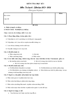 Kiểm tra học kì I - Môn tin học 6 - Năm học 2015 2016